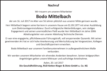 Traueranzeige von Bodo Mittelbach von Schwäbische Post