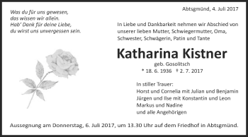 Traueranzeige von Katharina Kistner von Schwäbische Post