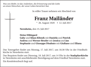 Traueranzeige von Franz Mailänder von Schwäbische Post