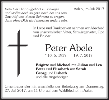 Traueranzeige von Peter Abele von Schwäbische Post