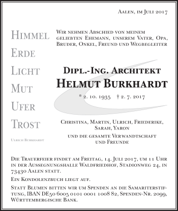 Traueranzeige von Helmut Burkhardt von Schwäbische Post