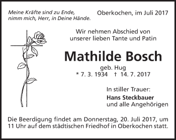 Traueranzeige von Mathilde Bosch von Schwäbische Post