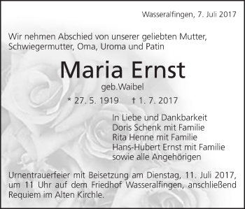 Traueranzeige von Maria Ernst von Schwäbische Post