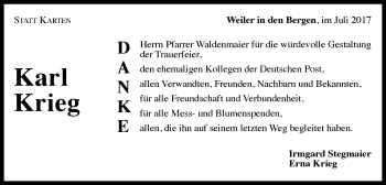 Traueranzeige von Karl Krieg von Gmünder Tagespost