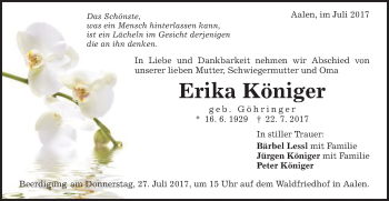 Traueranzeige von Erika Königer von Schwäbische Post