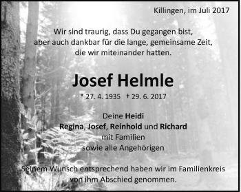 Traueranzeige von Josef Helmle von Schwäbische Post