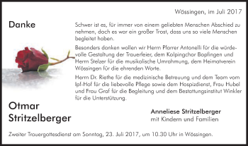 Traueranzeige von Otmar Stritzelberger von Schwäbische Post