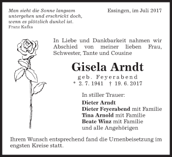 Traueranzeige von Gisela Arndt von Schwäbische Post