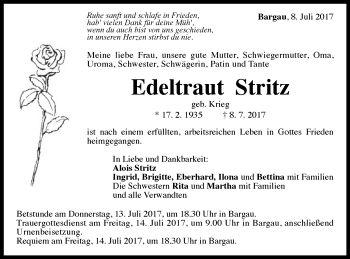 Traueranzeige von Edeltraut Stritz von Gmünder Tagespost