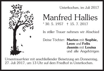 Traueranzeige von Manfred Hallies von Schwäbische Post