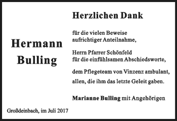 Traueranzeige von Hermann Bulling von Gmünder Tagespost