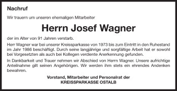 Traueranzeige von Josef Wagner von Schwäbische Post