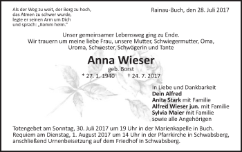 Traueranzeige von Anna Wieser von Schwäbische Post