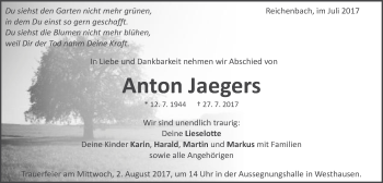 Traueranzeige von Anton Jaegers von Schwäbische Post