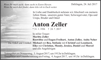 Traueranzeige von Anton Zeller von Schwäbische Post