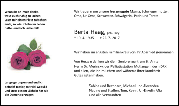 Traueranzeige von Berta Haag von Gmünder Tagespost