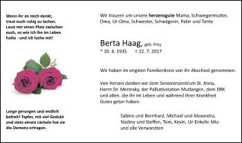 Traueranzeige von Berta Haag