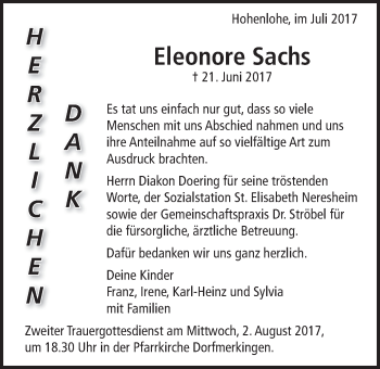 Traueranzeige von Eleonore Sachs von Schwäbische Post