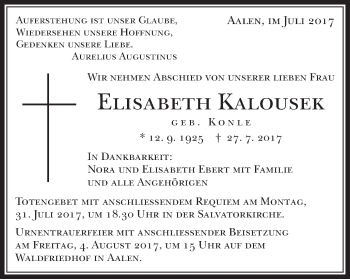 Traueranzeige von Elisabeth Kalousek von Schwäbische Post