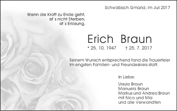 Traueranzeige von Erich Braun von Gmünder Tagespost