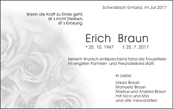 Traueranzeige von Erich Braun