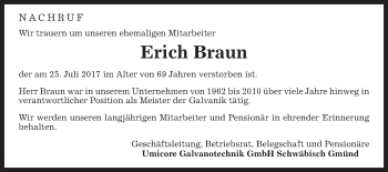Traueranzeige von Erich Braun von Gmünder Tagespost