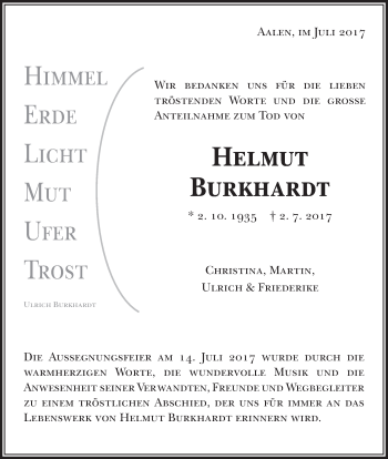 Traueranzeige von Helmut Burkhardt von Schwäbische Post