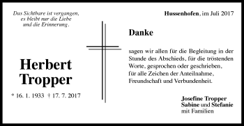 Traueranzeige von Herbert Tropper von Gmünder Tagespost
