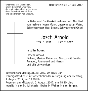 Traueranzeige von Josef Arnold von Gmünder Tagespost