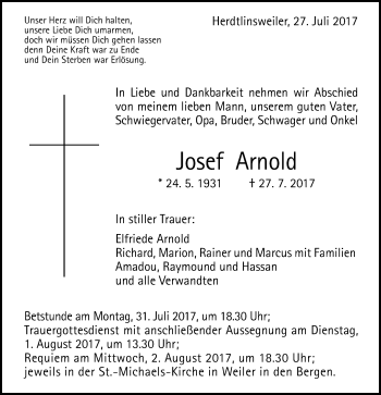 Traueranzeige von Josef Arnold