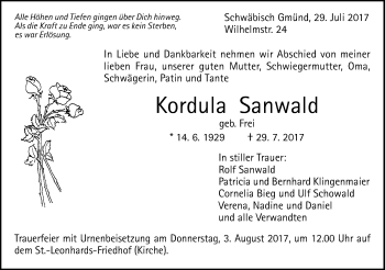 Traueranzeige von Kordula Sanwald von Gmünder Tagespost
