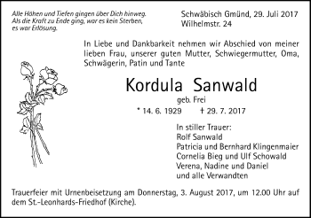 Traueranzeige von Kordula Sanwald