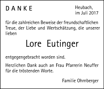 Traueranzeige von Lore Eutinger von Gmünder Tagespost