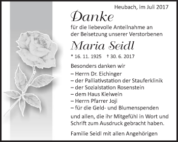 Traueranzeige von Maria Seidl von Gmünder Tagespost