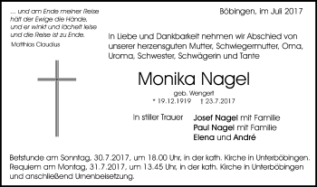 Traueranzeige von Monika Nagel von Gmünder Tagespost