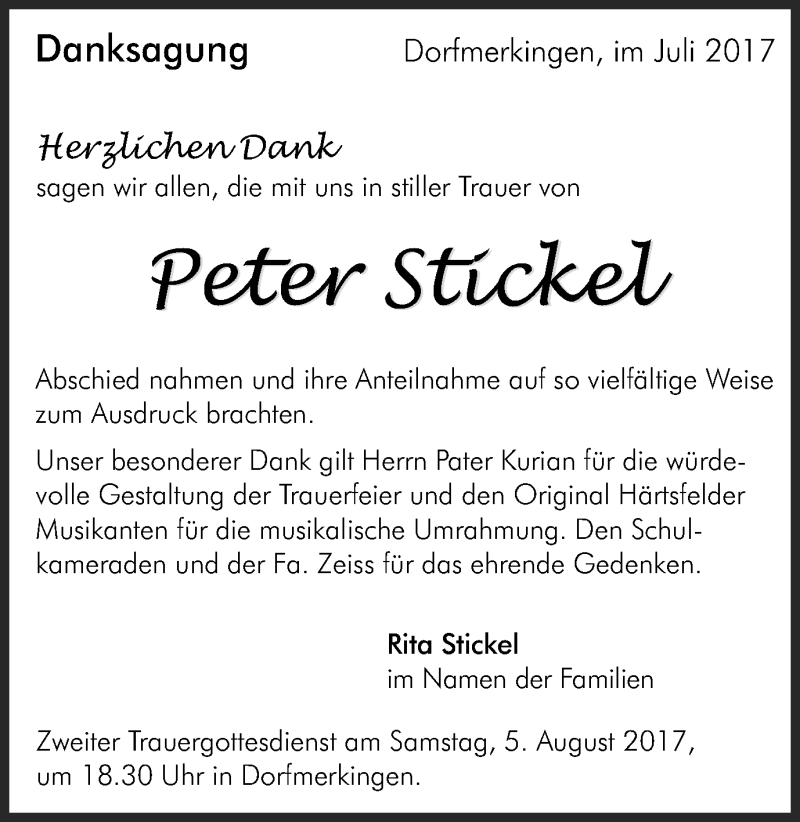  Traueranzeige für Peter Stickel vom 29.07.2017 aus Schwäbische Post