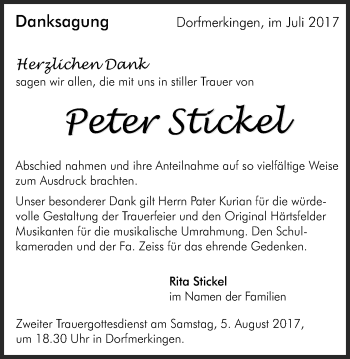 Traueranzeige von Peter Stickel von Schwäbische Post