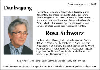 Traueranzeige von Rosa Schwarz von Schwäbische Post