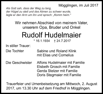 Traueranzeige von Rudolf Hudelmaier von Gmünder Tagespost