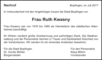 Traueranzeige von Ruth Kwasny von Bopfinger Stadtanzeiger