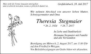 Traueranzeige von Theresia Stegmaier von Gmünder Tagespost