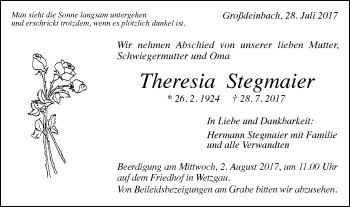 Traueranzeige von Theresia Stegmaier