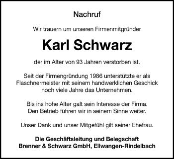 Traueranzeige von Karl Schwarz von Schwäbische Post