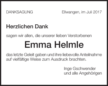 Traueranzeige von Emma Heimle von Schwäbische Post
