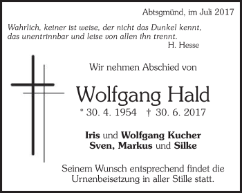 Traueranzeige von Wolfgang Hald von Schwäbische Post