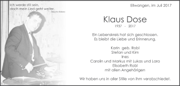 Traueranzeige von Klaus Dose von Schwäbische Post