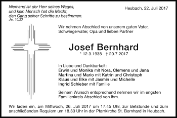 Traueranzeige von Josef Bernhard von Gmünder Tagespost