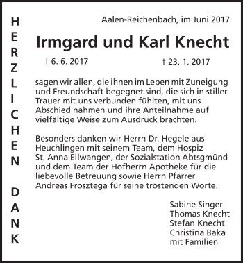 Traueranzeige von Irmgard und Karl Knecht von Schwäbische Post
