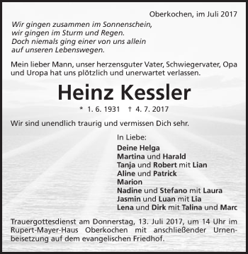 Traueranzeige von Heinz Kessler von Schwäbische Post