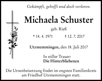 Traueranzeige von Michaela Schuster von Schwäbische Post